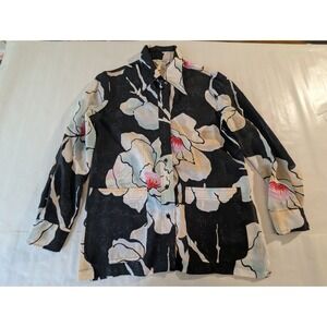 Vintage Floral Button Up Shirt Black Cream Abstract Art Print Top